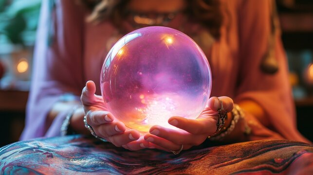 A psychic in a modern living room holds a crystal ball surrounded by glowing orbs in soft sunlight filtering through the curtains