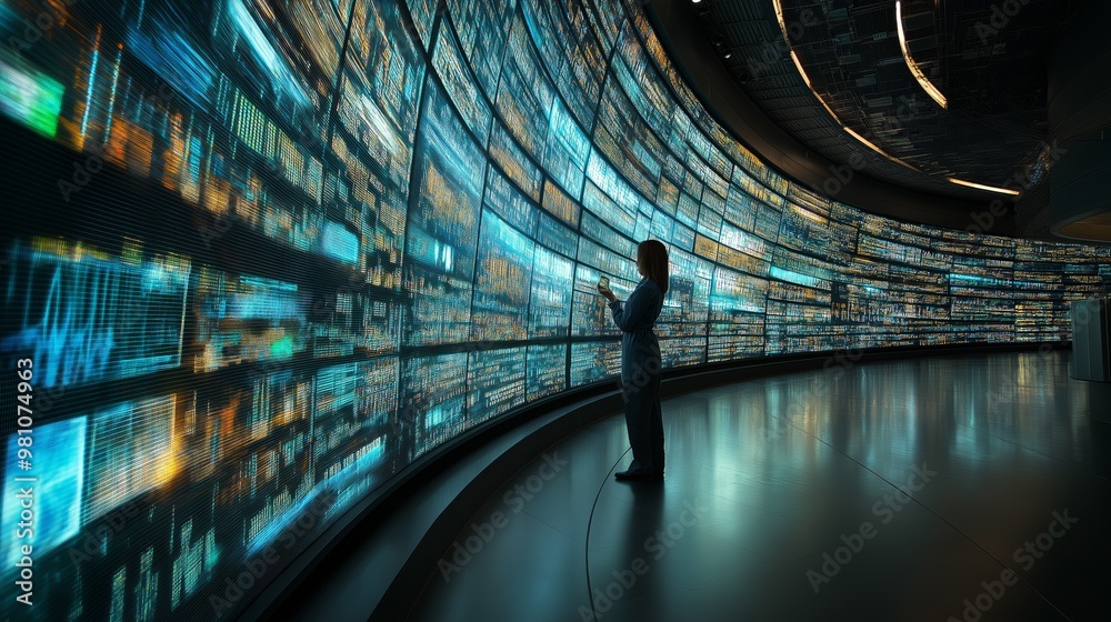 Poster Scientist analyzing holographic display of multiple parallel universes in a futuristic research lab setting
