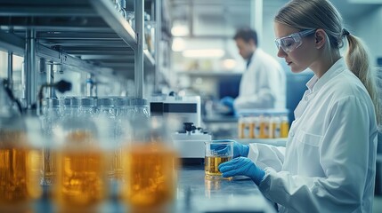 A scientist in a laboratory conducts research with liquids in glass containers, showcasing modern scientific work and discovery.