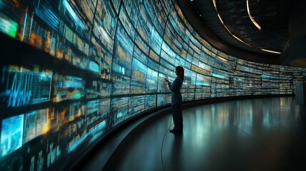 Scientist analyzing holographic display of multiple parallel universes in a futuristic research lab setting