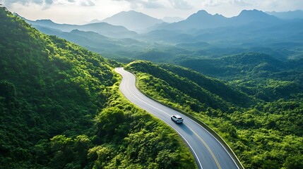 A winding road through lush green mountains under a cloudy sky, showcasing nature's beauty and tranquility.