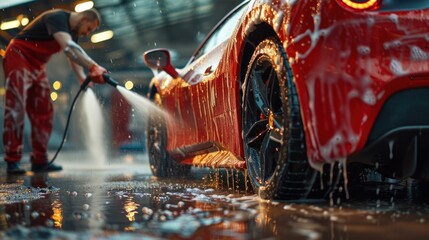 Car Wash Expert Using Water Pressure Washer to Clean a Red Modern Sportscar.