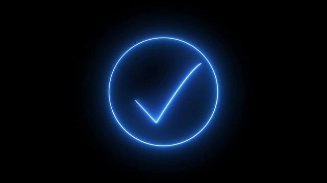 Glowing blue colour neon check mark icon animation on black background.