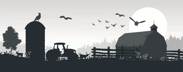 Fototapeta premium Farm life, tractor, barn, and farm animals, rural landscape, vector illustration, black silhouette, flat style.