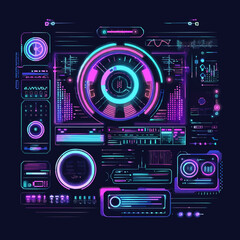 Futuristic holographic interface with glowing elements, high-tech aesthetics, vector illustration for t-shirt, flat style.