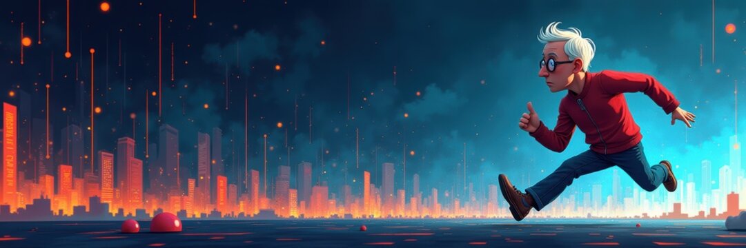 A whimsical, animated scene featuring a character running in a vibrant digital landscape, evoking themes of adventure and creativity.