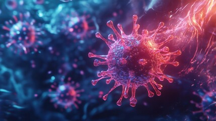 A virus particle breaking through an immune barrier, surrounded by antibodies in a glowing 3D environment.