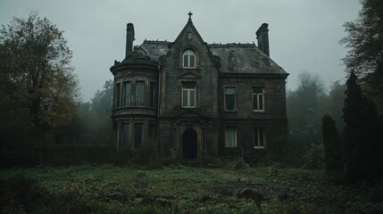 An Abandoned Stone Mansion in a Foggy Forest