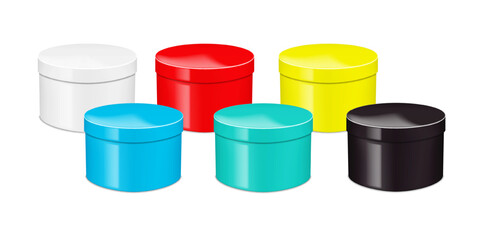 Round cardboard gift box with separate lift-off lid. White, black, color set. Realistic 3d vector mock-up. Cylinder two-piece box. Mockup. Circle carton packaging. Easy editable template