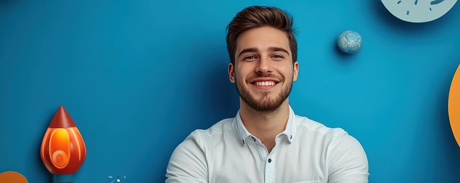 A cheerful young man smiles confidently in front of a vibrant blue background with decorative elements, radiating positivity and energy.