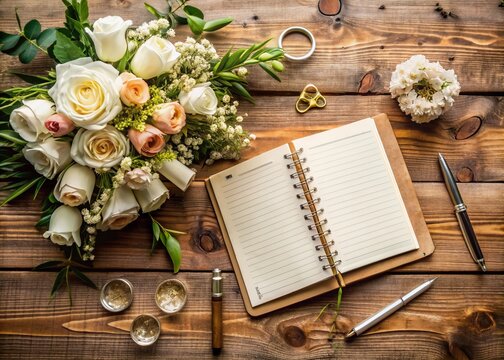 Luxurious wedding planning essentials arranged on a rustic wooden table, featuring ornate invitations, fresh flowers, sparkling rings, and an open planner notebook with elegant script.