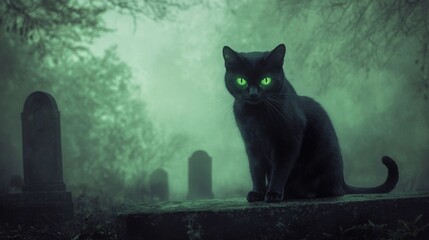 Black Cat with Glowing Eyes Sitting on Tombstone in Foggy Graveyard