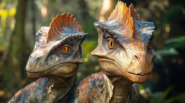 Widescreen composition showcasing a family of Parasaurolophus dinosaurs their unique crested heads captivating young audiences