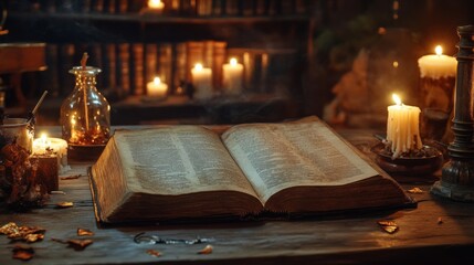 Open Book with Candles and Mystical Items on Wooden Table