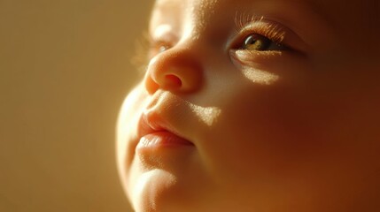Dramatic close-up shot of a newborn baby's delicate features their skin glowing with a soft ethereal light