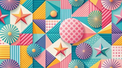Vibrant geometric shapes, bold stripes, and starburst motifs in pastel hues adorn a retro-inspired background, evoking