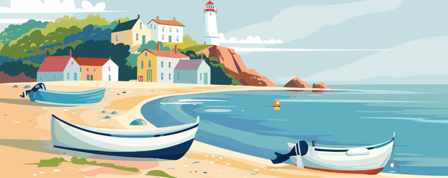 Tranquil seaside village with fishing boats, a lighthouse, and a sandy beach, flat, vector illustration in watercolor style