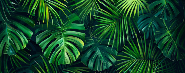 Tropical palm leaves seamless pattern background design, vibrant green foliage and exotic plants, vector pattern.