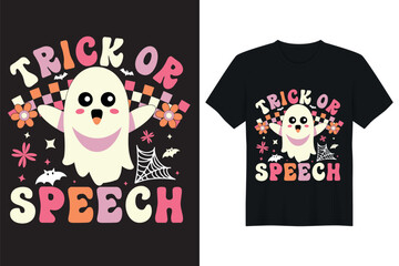 trick or speech halloween groovy t shirt

