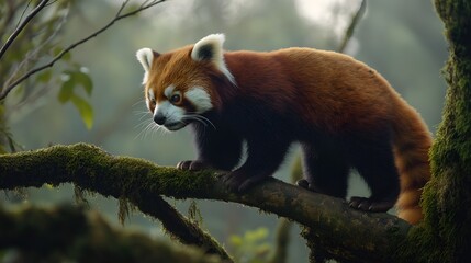 Fototapeta premium Nature's Acrobat Unveiled: A Flame-Furred Red Panda's Inquisitive Gaze Pierces the Mountain Mist, as it Delicately Navigates an Ancient, Moss-Cloaked Branch in the Ethereal Himalayan Canopy.