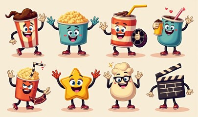 Fototapeta premium Fun and vibrant cartoon characters representing various snacks and drinks, perfect for food promotions, advertising, and children's content.
