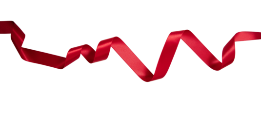 Red ribbon curly isolated on white, transparent, satin festive christmas present decoration