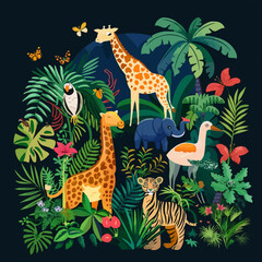 Fototapeta premium A colorful drawing of animals in a jungle. The animals include a giraffe, a tiger, a bird, a monkey, and a butterfly. The jungle is lush and green, with many plants and trees
