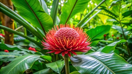 Vibrant green buton, a type of Indonesian flower, blooms in a lush tropical garden surrounded by large leaves