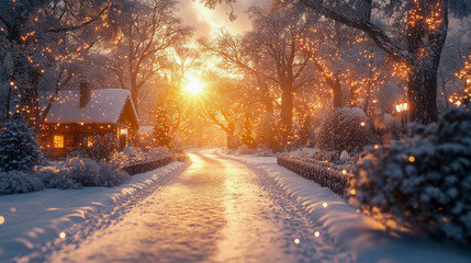 Snowy winter village scene at sunset, with warm lights glowing from cozy cabins