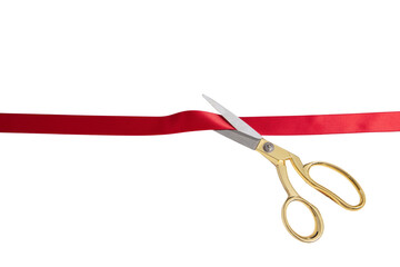 Grand opening, ribbon cut, gold scissors and red satin ribbon isolated on white, transparent