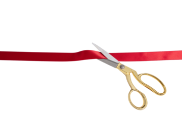 Grand opening, ribbon cut, gold scissors and red satin ribbon isolated on white, transparent