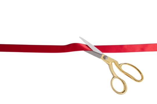 Grand opening, ribbon cut, gold scissors and red satin ribbon isolated on white, transparent
