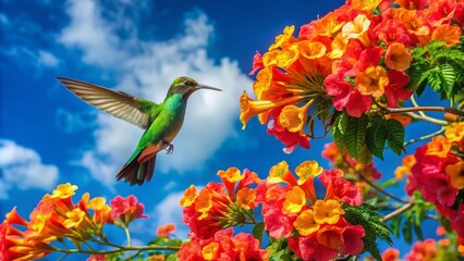 Vibrant green foliage of a hummingbird tree bursts with clusters of bright, trumpet-shaped flowers in shades of pink,