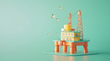 A colorful 3D model of an oil rig on a teal background, showcasing industrial design.