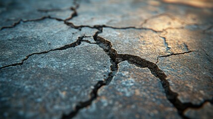 Extreme close-up of hairline cracks spreading across a concrete foundation