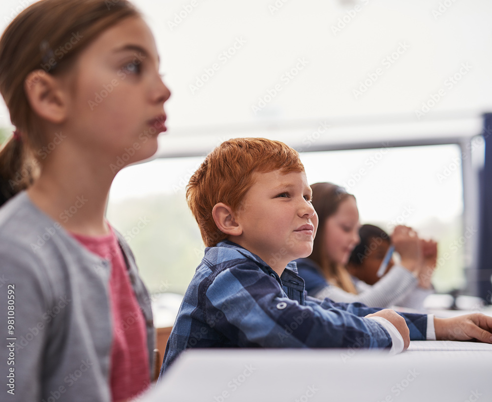 Poster desk, attention and kids in classroom for lesson in growth, child development and notebook for educa