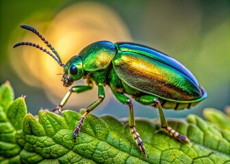 Naklejka premium Vibrant green iridescent beetle with intricate patterns on its elytra spreads delicate wings, shimmering in sunlight as
