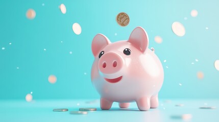 A cheerful piggy bank surrounded by coins, symbolizing savings and financial goals.