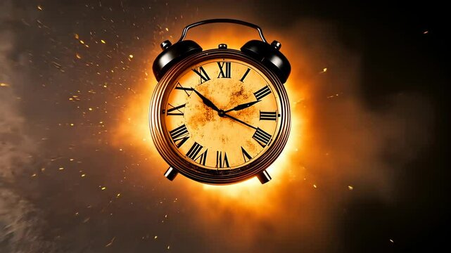 A large clock explodes in a fiery blast, symbolizing the destruction of time. The intense flames and flying debris create a dramatic and chaotic scene, evoking urgency and power.