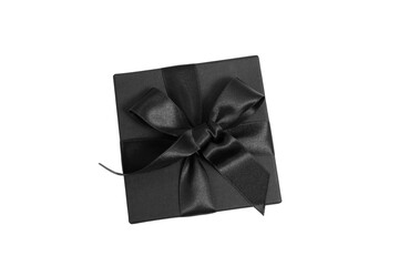 Black Friday Sale. Black gift box with ribbon bow isolated on white transparent, top view