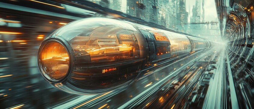 Hyperloop pod racing through a transparent tube, set against a futuristic landscape