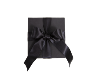 Black Friday Sale. Black gift box with ribbon bow isolated on white transparent, top view
