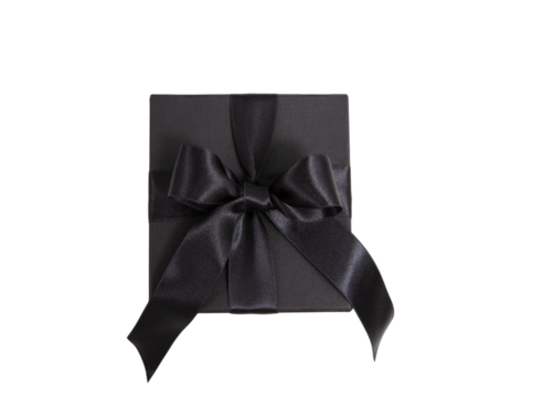 Black Friday Sale. Black gift box with ribbon bow isolated on white transparent, top view