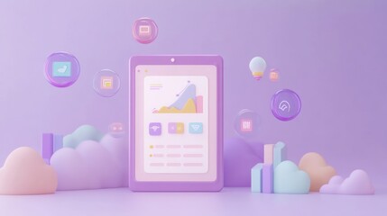 A colorful digital tablet displaying graphs and icons against a soft, pastel background.