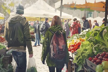 Obraz premium Illustration of A vibrant farmers market bustling with people, overflowing with fresh, organic produce and zero-waste packaging, eco-friendly stalls, reusable bags, and glass containers