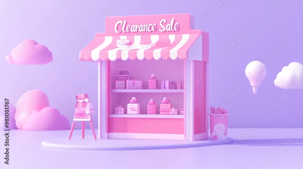 Wall mural A whimsical pink clearance sale stand featuring various products and playful elements.