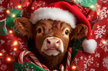 Highland cow wearing Christmas hat, looking thru torn wallpaper hole, copy paste banner, Christmas theme, gifts