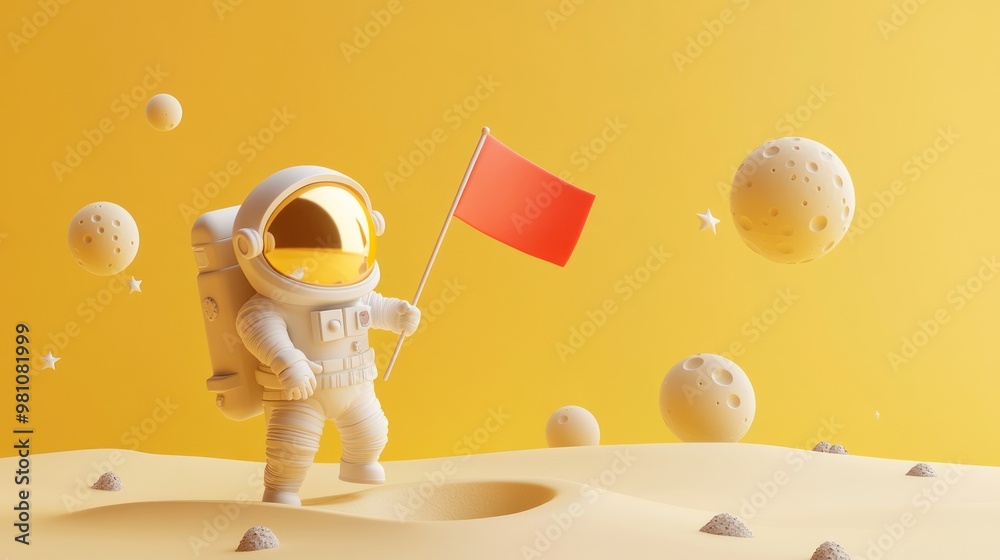 Canvas Prints An astronaut stands on a yellow landscape, holding a red flag among floating celestial bodies.