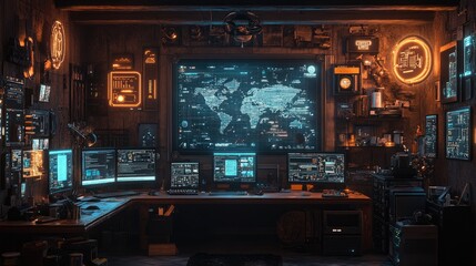 Obraz premium Modern Tech Workspace Featuring Computers and Ample Copy Space for Creative Projects