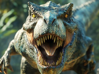 Fototapeta premium Vertical 3D render of a Tyrannosaurus Rex its fierce gaze and massive jaws captivating young viewers